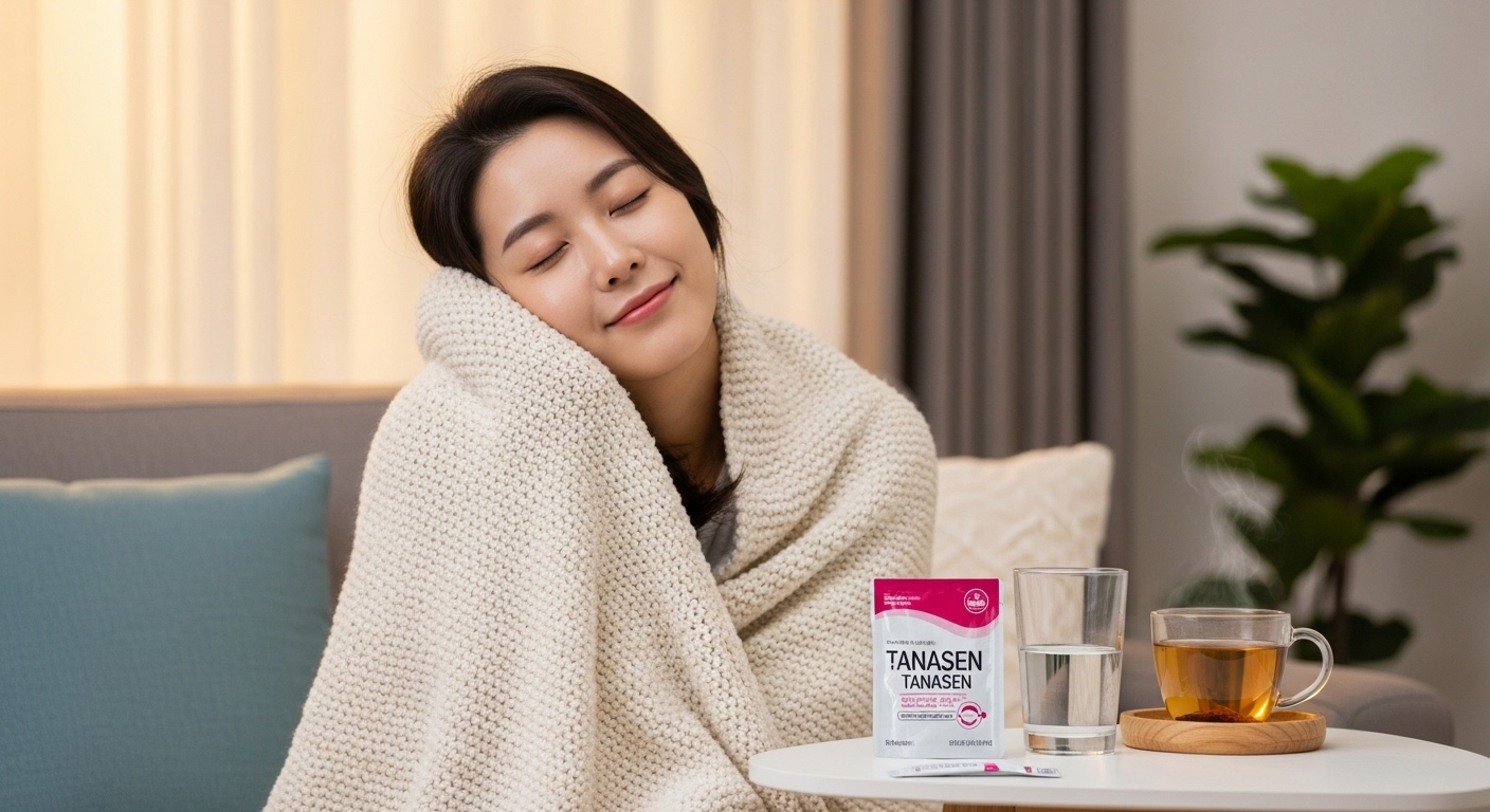 집에서 따뜻한 담요를 덮고 생리통 완화를 경험하는 젊은 여성