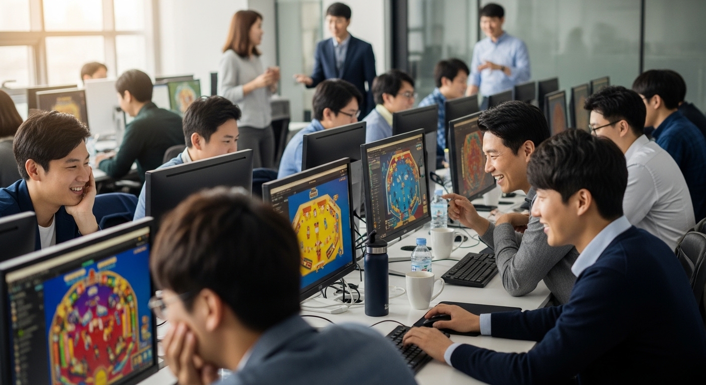 사무실에서 웹 기반 핀볼 게임을 즐기는 직원들의 모습