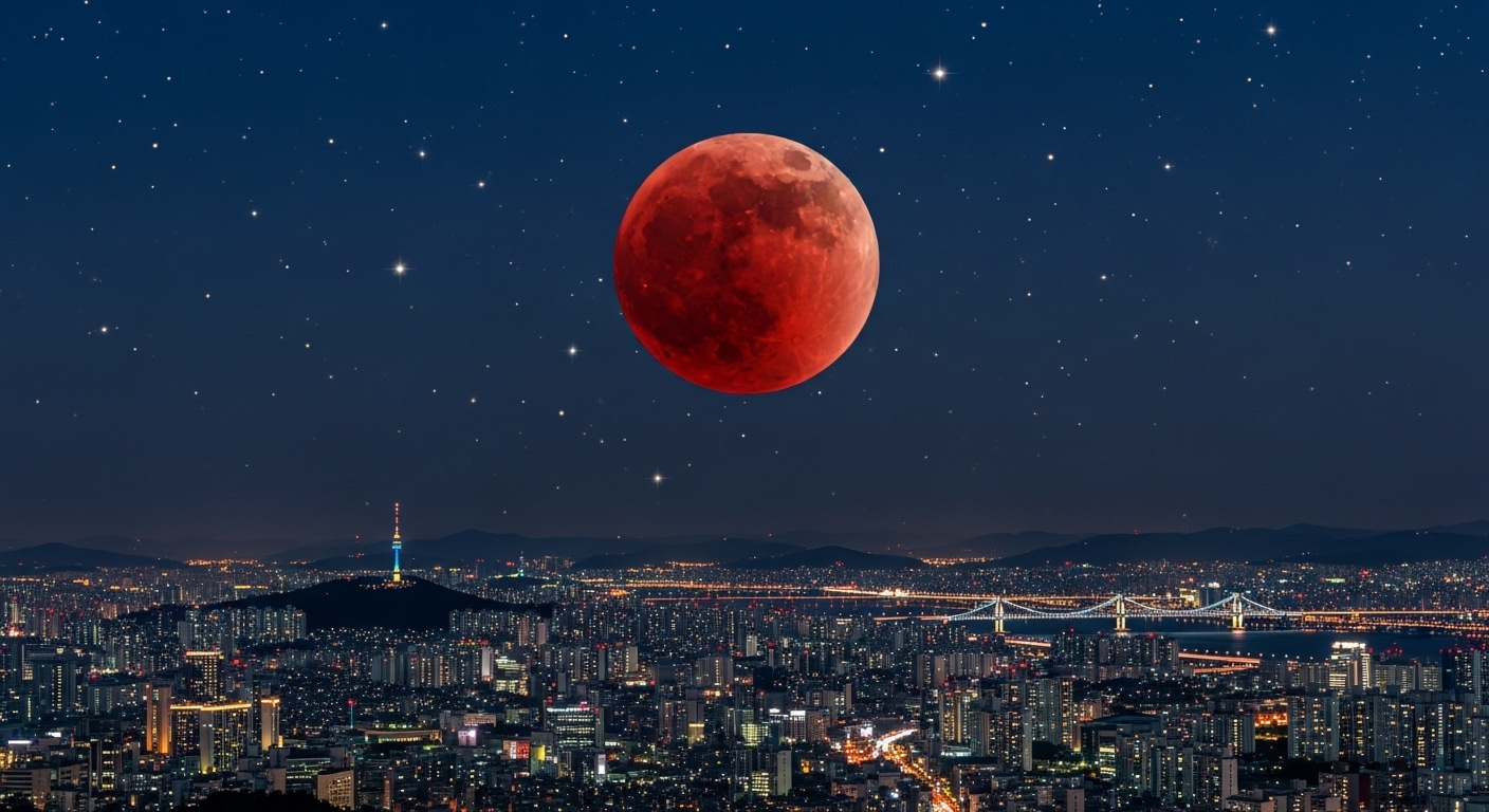 서울의 밤하늘에 떠오른 붉은 스트로베리문과 도시 불빛이 어우러진 모습