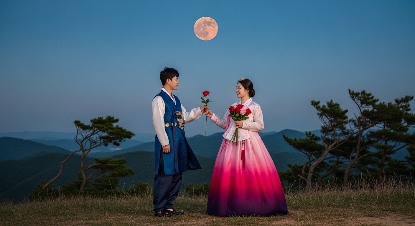 전통 의상을 입고 언덕 위에서 장미를 들고 있는 한국 커플과 그 위에 떠있는 스트로베리문