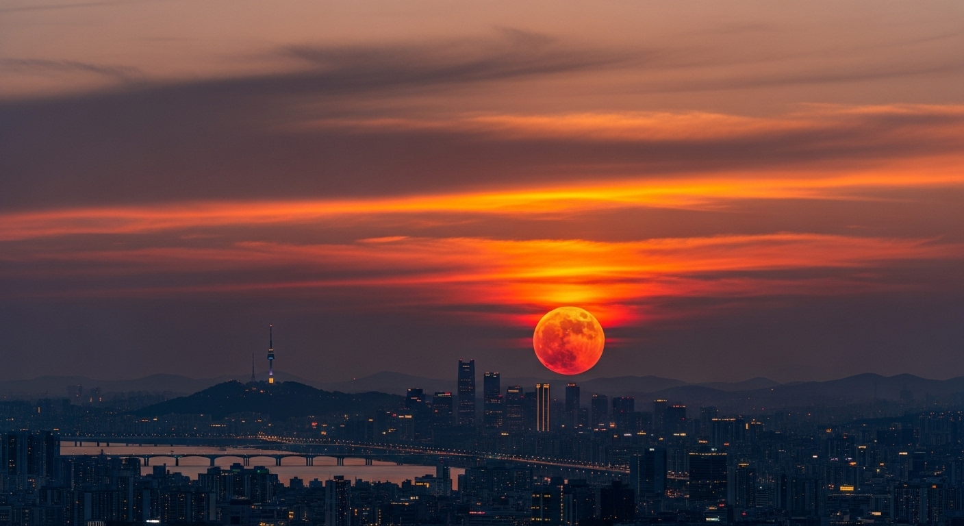 서울 일몰 중 지평선 근처에서 더 크게 보이는 착시 효과를 가진 떠오르는 스트로베리문