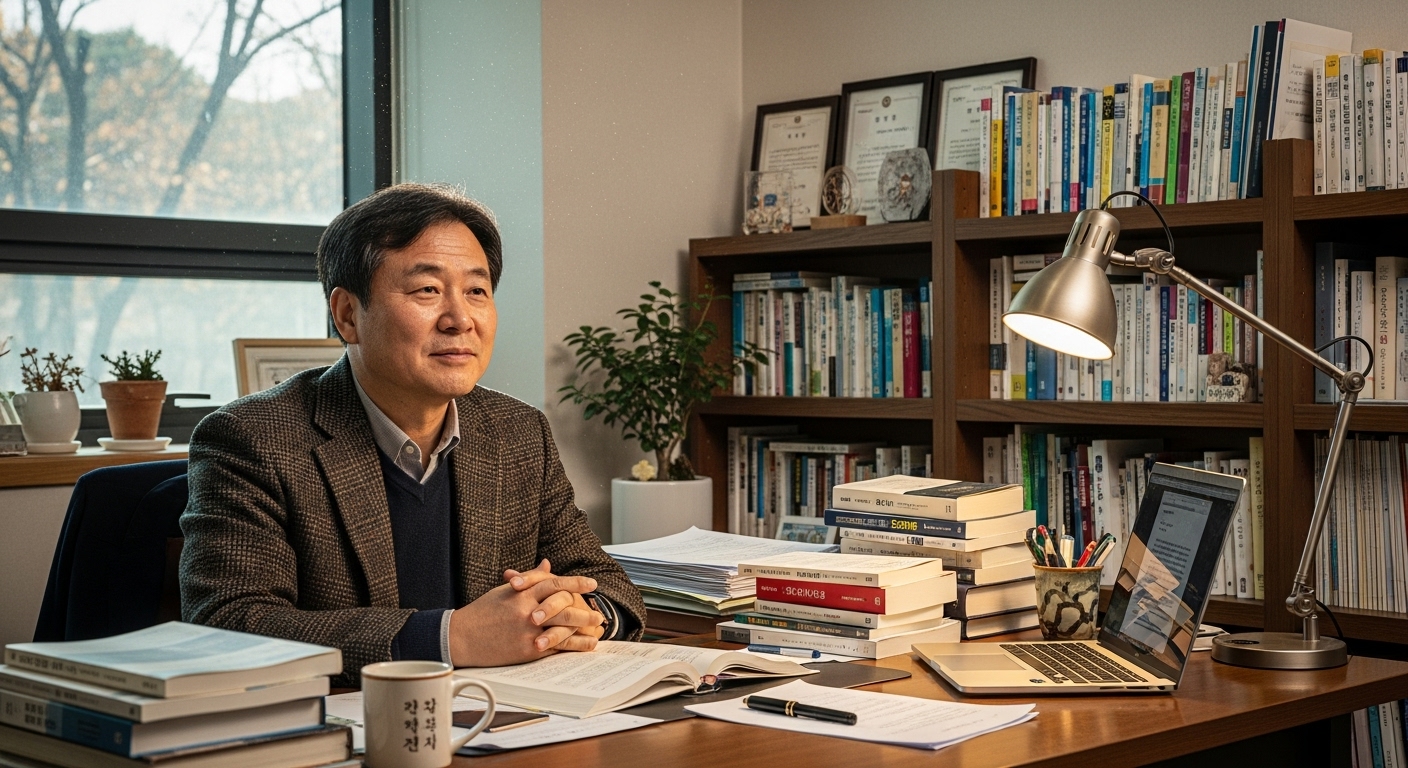 책과 논문으로 가득 찬 사무실에 앉아 있는 한국인 대학 교수