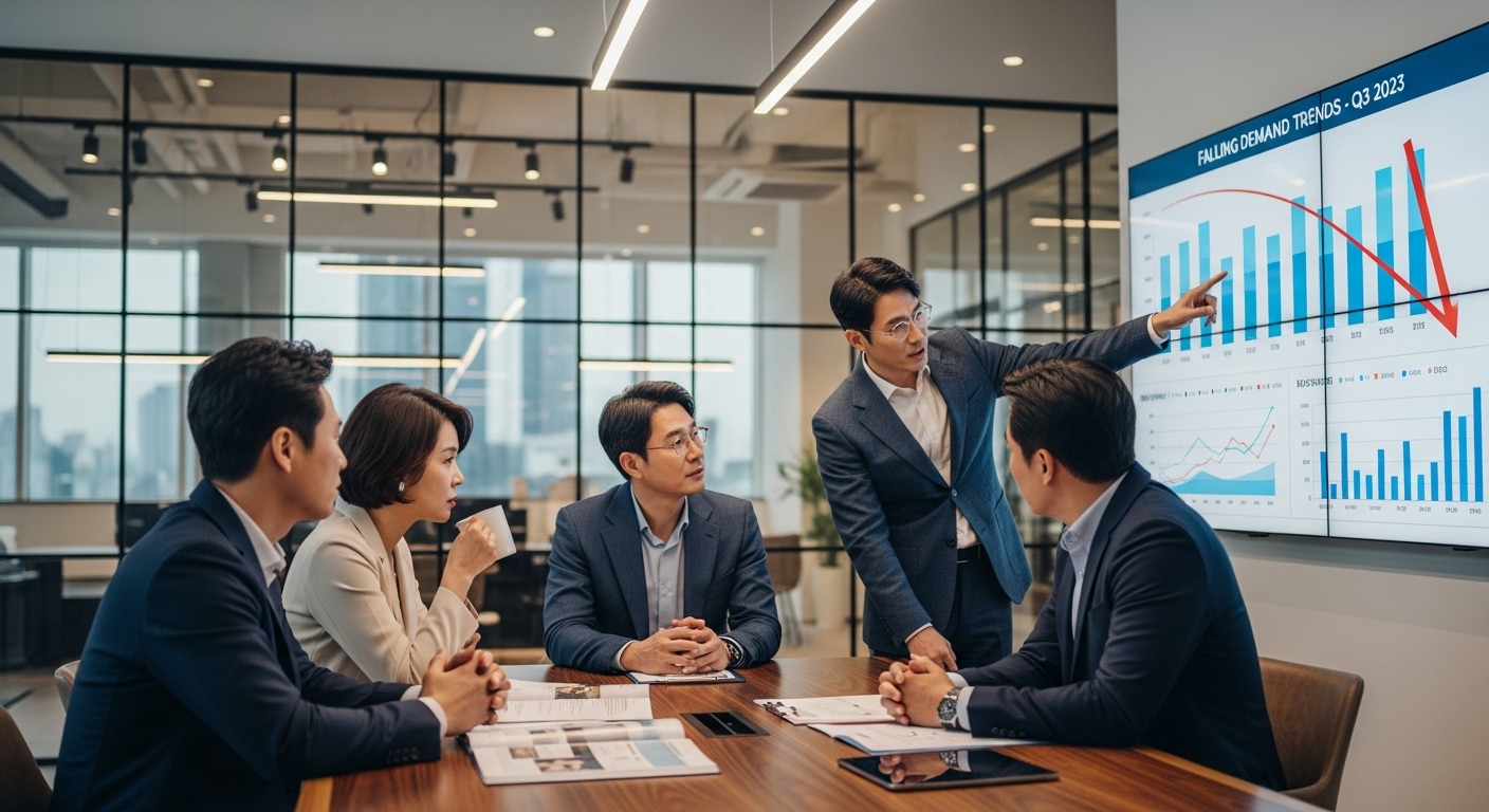 부동산 중개업자들이 현대식 사무실에서 부동산 목록과 수요 감소 추세를 논의하는 모습