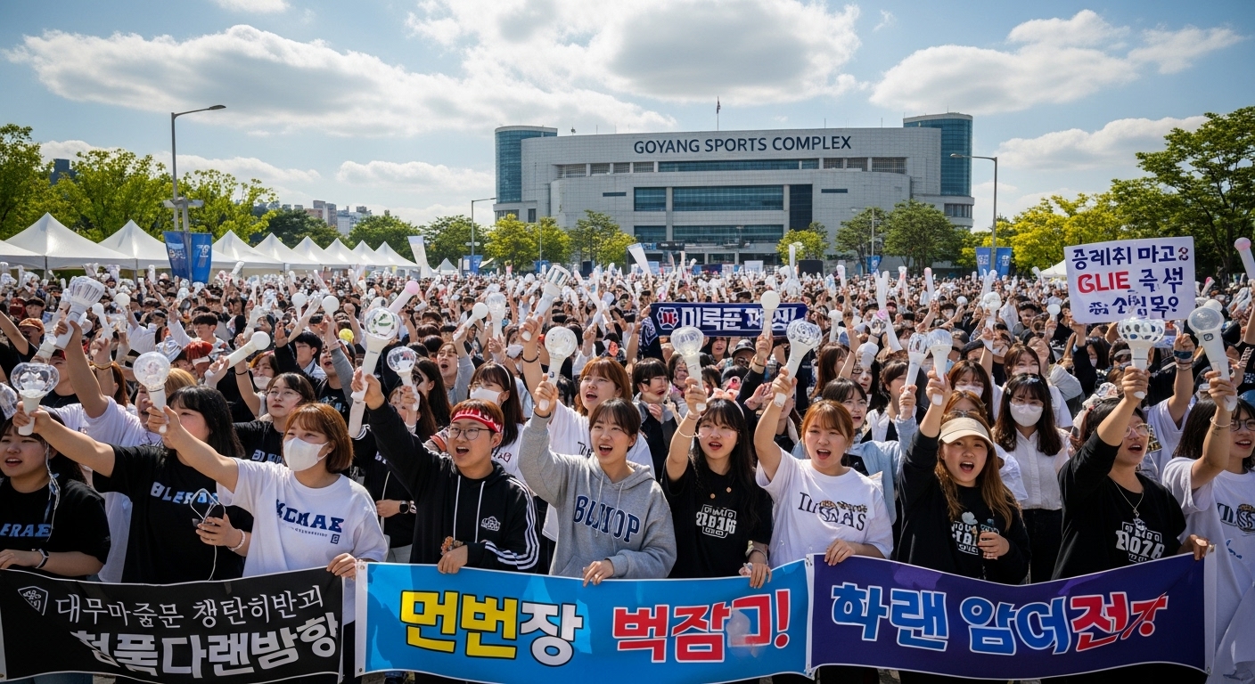 고양종합운동장 앞에서 빛나는 응원봉을 들고 있는 팬들의 설렘 가득한 모습