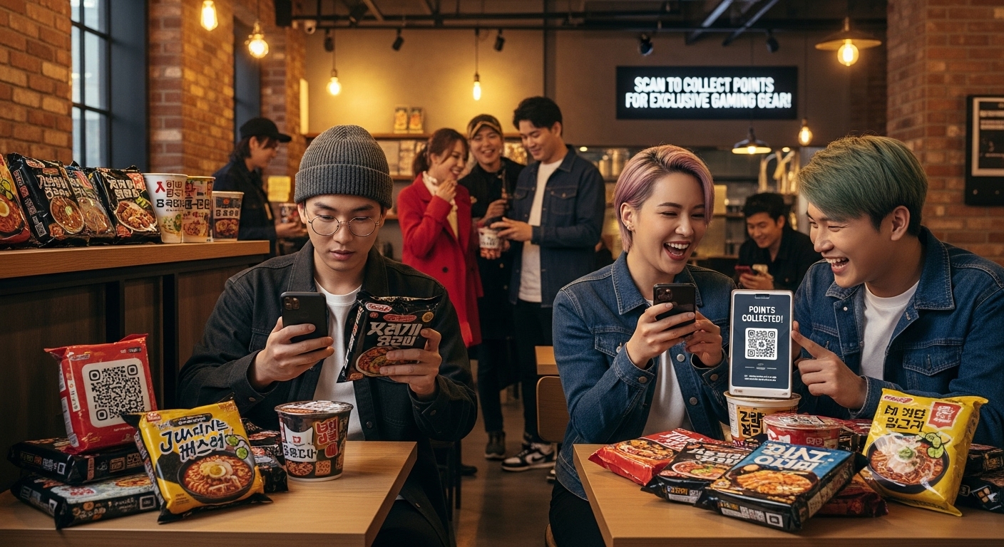 서울 카페에서 라면 패키지의 QR 코드를 스캔하여 독점 머천다이징 포인트를 모으는 팬들