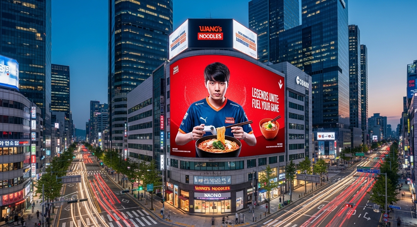 e스포츠 아이콘과 전통 면 브랜드 간 협업을 광고하는 디지털 빌보드가 있는 서울 도심 풍경