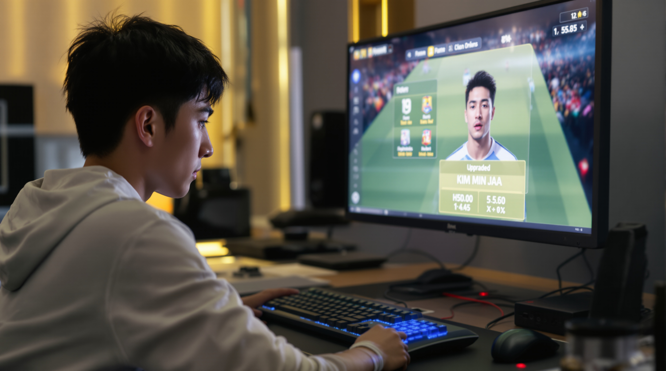 헤딩과 공격성 스탯이 업그레이드된 김민재 카드를 플레이하는 한국 게이머의 모습