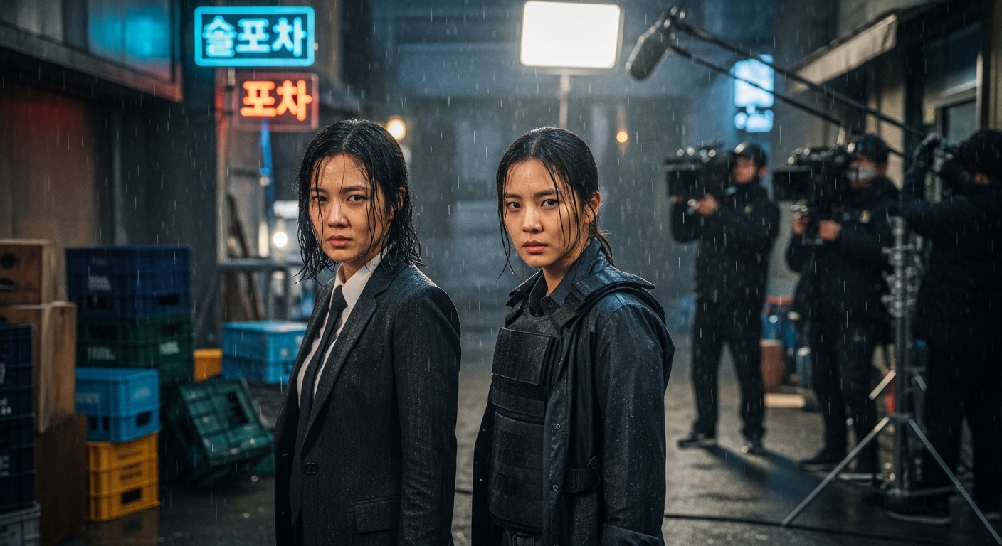 두 명의 현대적인 한국 여배우가 강한 여성 주인공을 연기하는 스릴러 드라마 촬영 장면