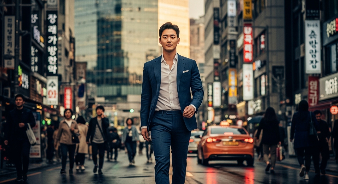 도심 속을 걷고 있는 젊은 남성의 독립적인 모습