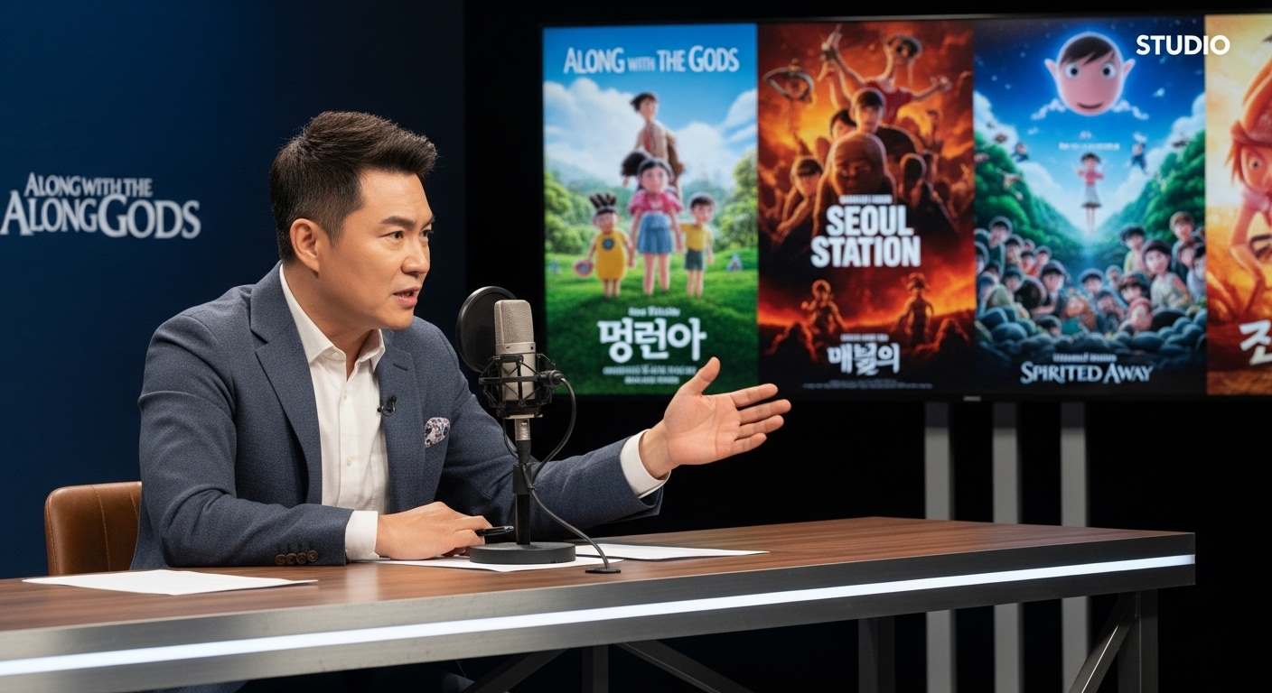 현대적인 스튜디오에서 영화 포스터를 배경으로 심각한 토론 분위기의 평론가 모습