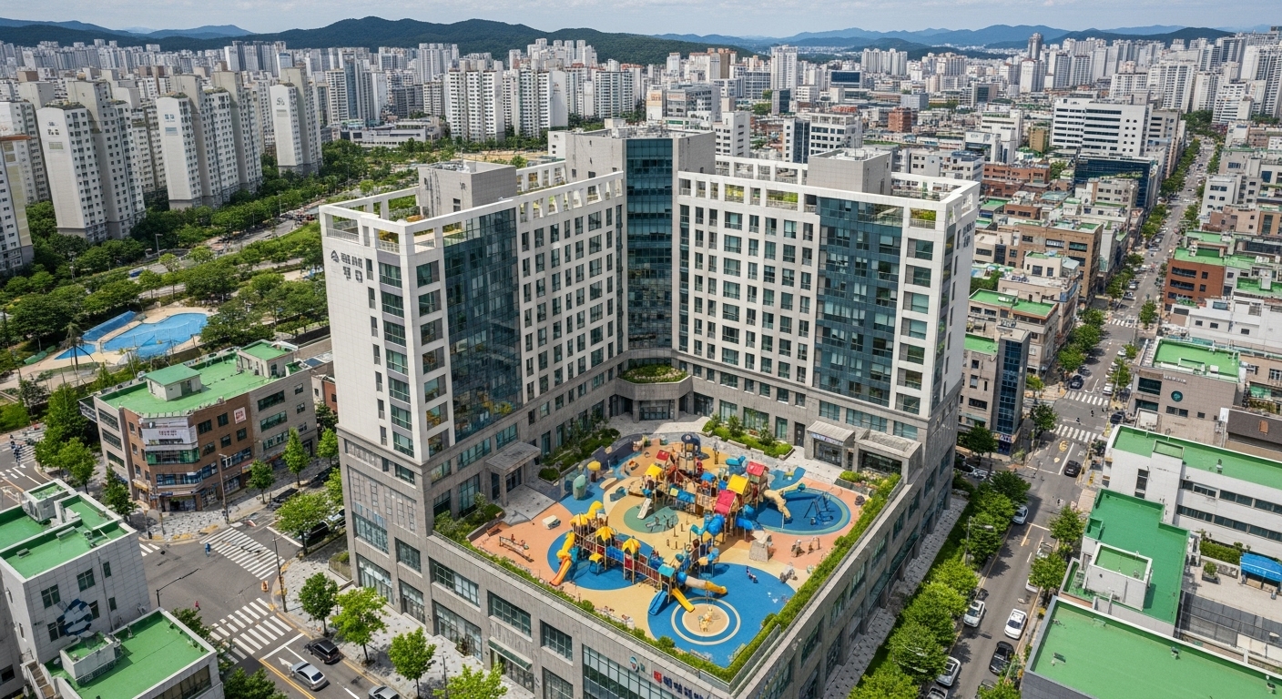 넓은 운동장과 ㄱ자 모양의 건물이 있는 고등학교 항공 사진