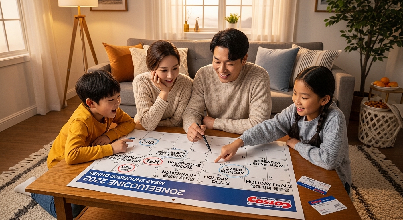 거실에서 코스트코의 2025년 주요 할인 이벤트 날짜를 달력에 표시하는 가족의 모습