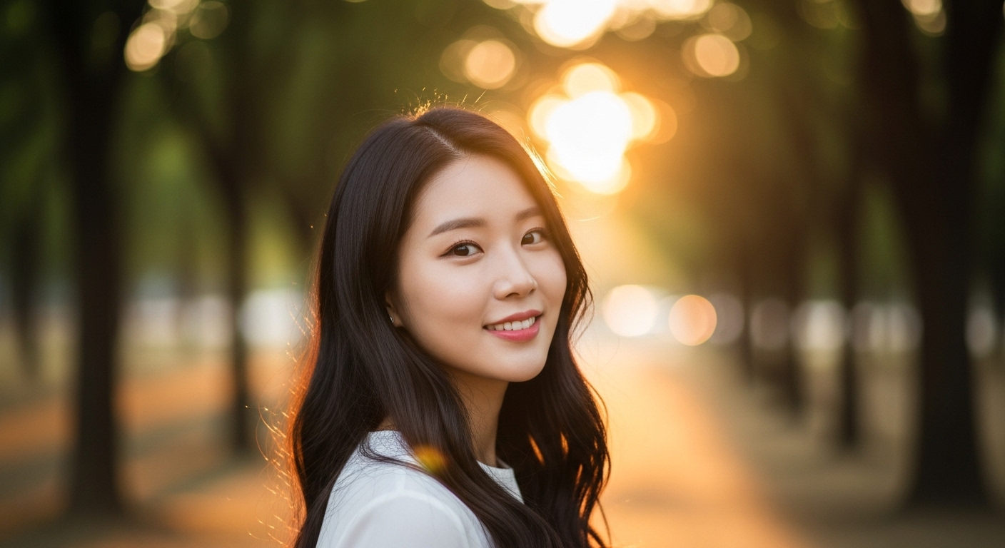 공원에서 일몰 동안 촬영된 여성 인물 사진과 배경 흐림 효과