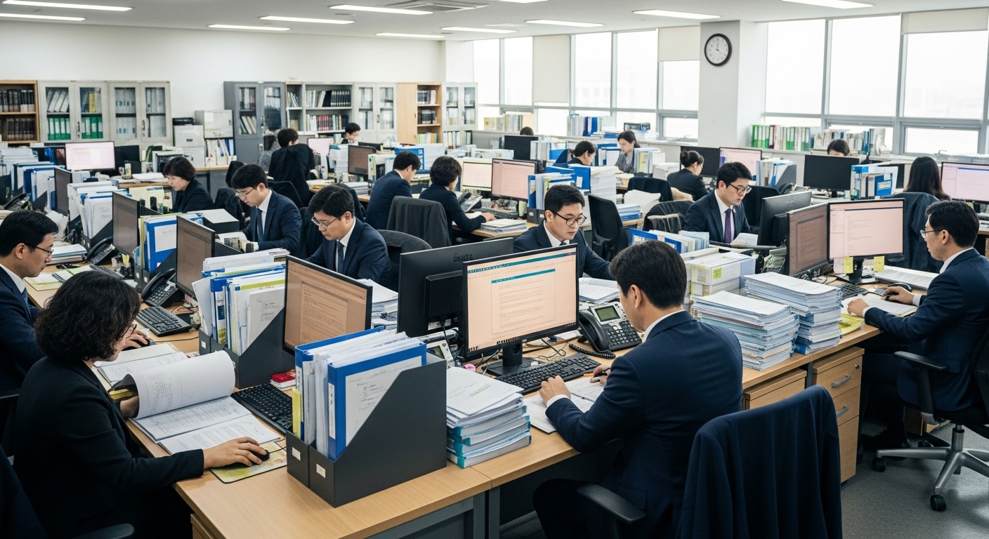 활기찬 지방 검사실 내부에서 열심히 일하는 한국 법조인들