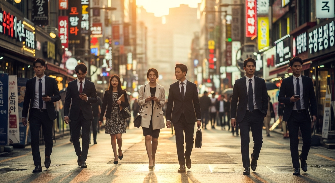 역동적인 젊은이들이 활기차게 오가는 서울 도시 생활 장면