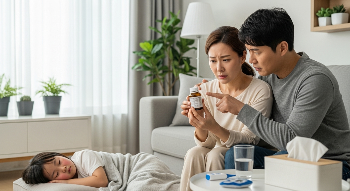 현대적인 거실에서 약병을 확인하는 걱정스러운 부모와 열이 있는 아이의 모습