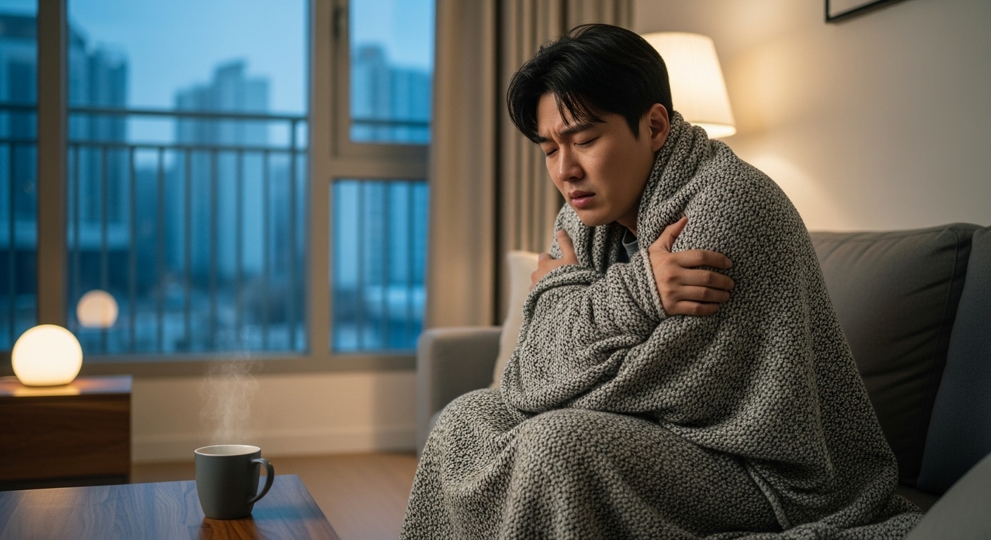 도시 아파트에서 갑작스런 오한을 느끼며 담요로 몸을 감싸고 있는 젊은 남성