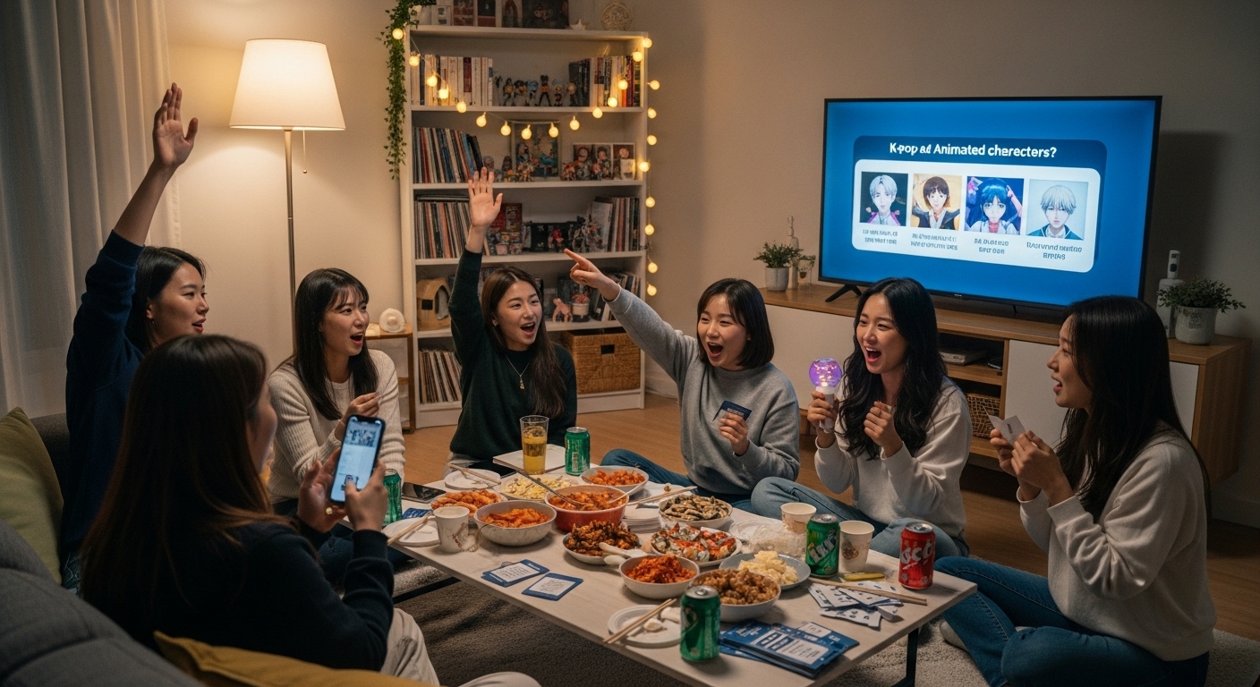 거실에서 K-pop과 애니메이션 캐릭터 관련 퀴즈를 즐기는 여성들