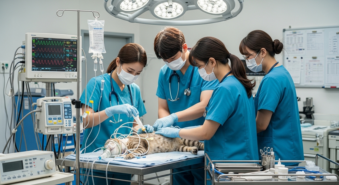 중환자실에서 패혈증과 장기 부전 등 합병증으로 위중한 상태인 고양이를 긴급 치료하는 수의사 팀