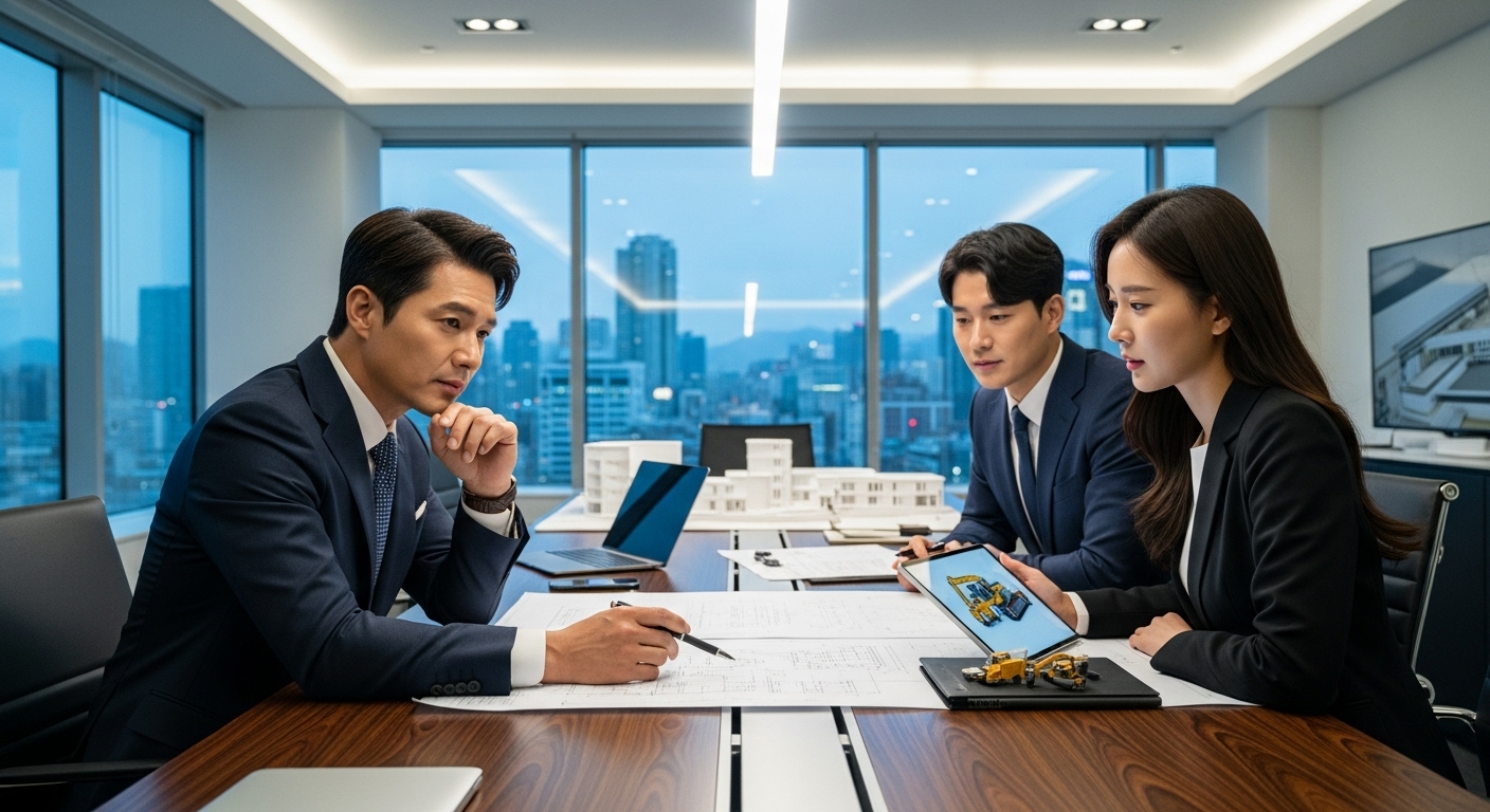 현대적인 사무실에서 동료들과 건설기계 설계도를 분석하는 비즈니스 임원의 모습