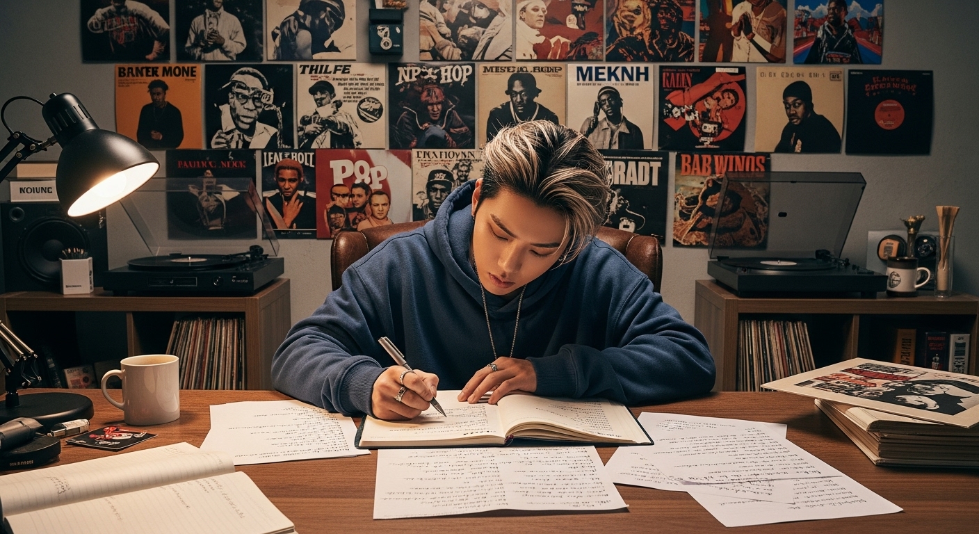 젊은 래퍼가 노트에 가사를 쓰고 있는 모습