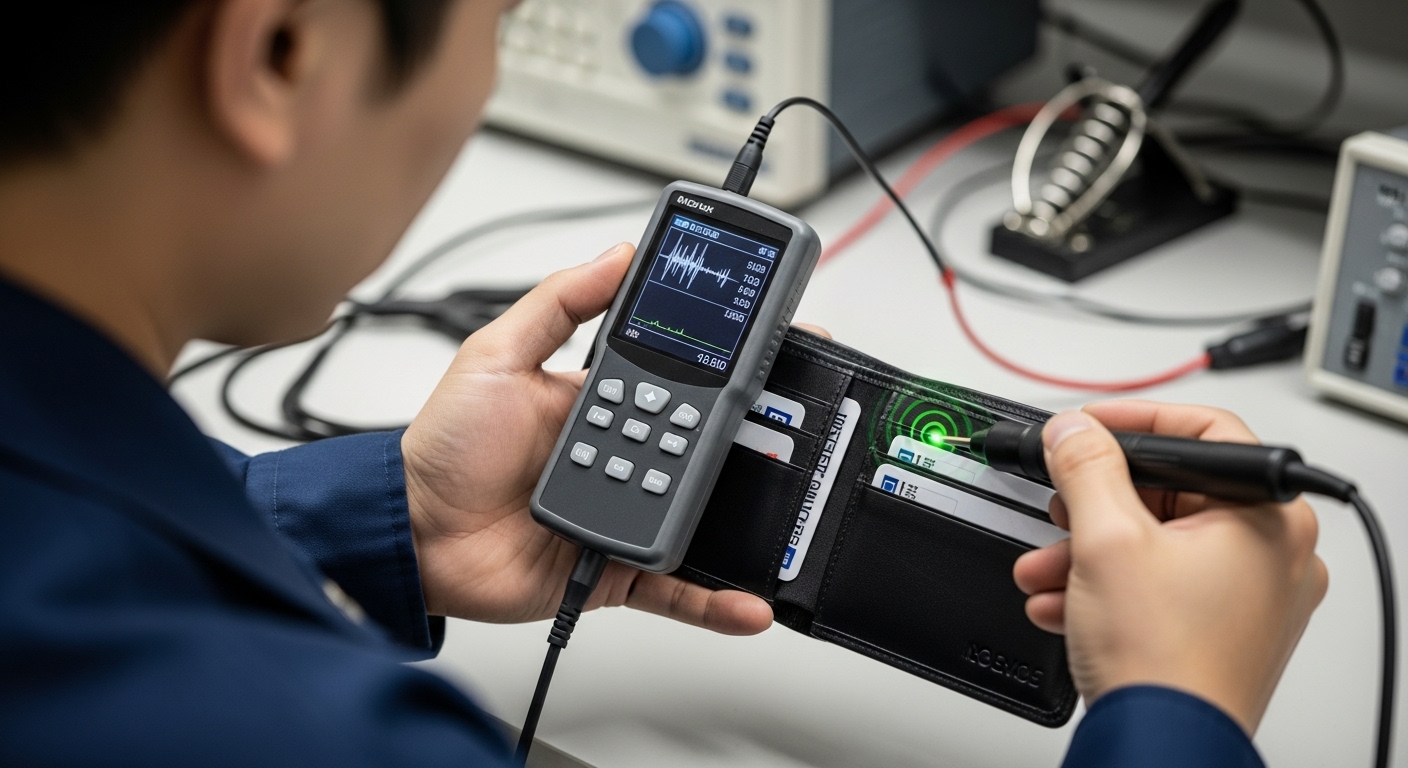 전자 장비를 사용하여 RFID 차단 기술을 테스트하는 장면