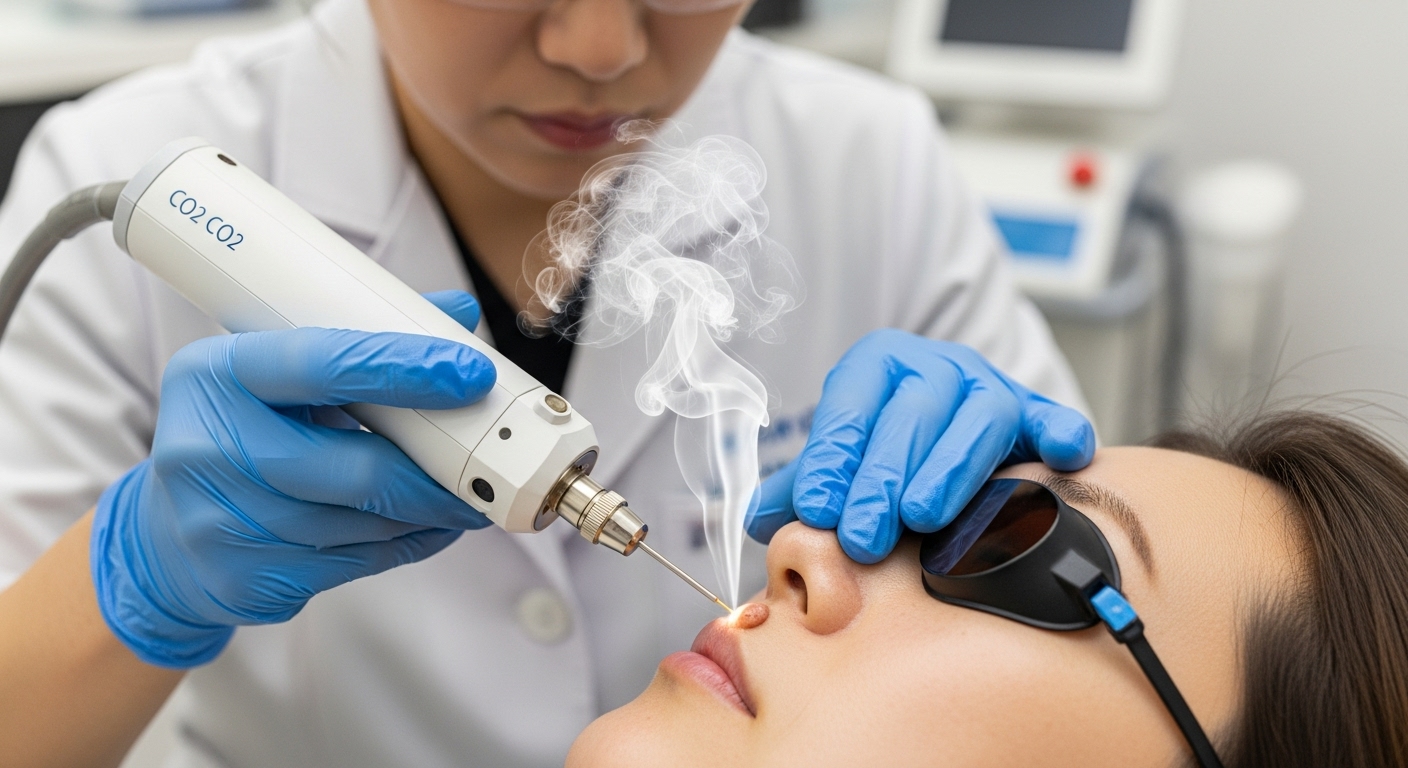 임상 환경에서 환자의 얼굴 사마귀에 CO2 레이저를 사용하는 피부과 전문의