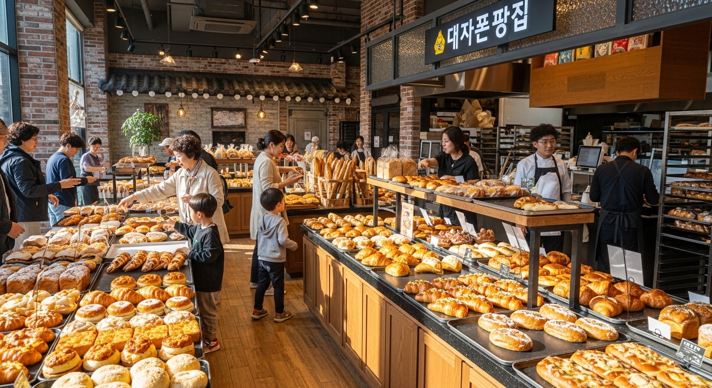 대전의 유명한 제과점인 성심당 내부 모습, 다양한 빵과 손님들