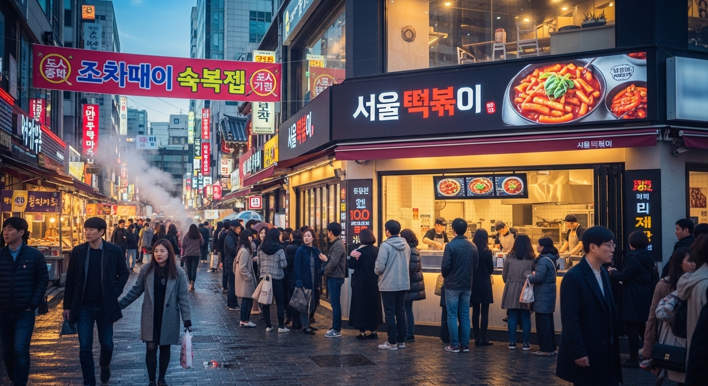서울의 붐비는 거리에서 사람들이 떡볶이 가게 앞에 줄을 서 있는 모습