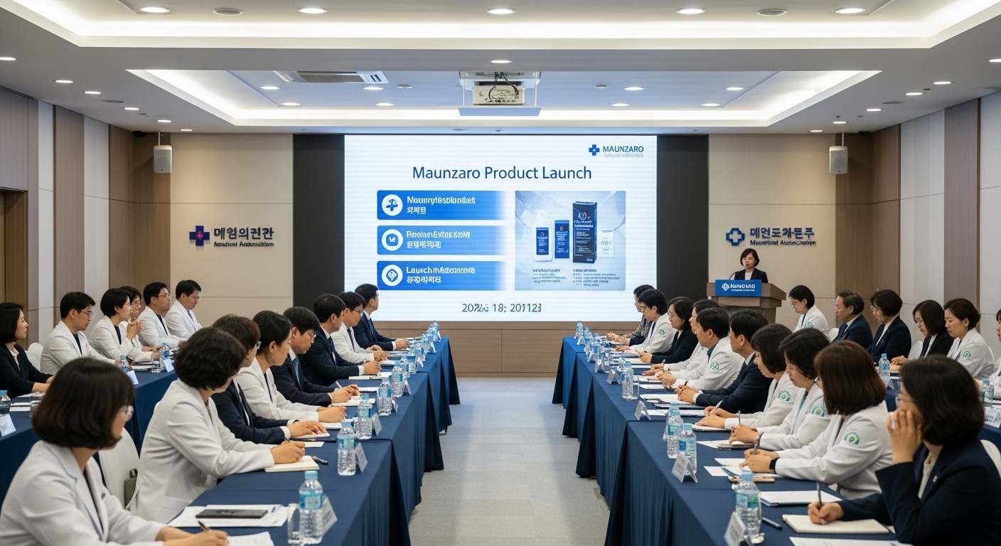 한국 의료진이 참석한 회의실에서 마운자로 제품 출시 발표 모습