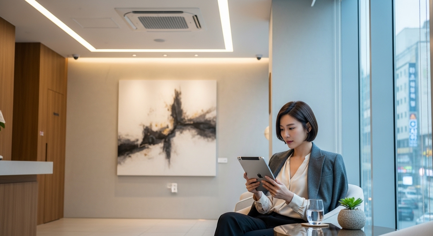 현대적인 치과에서 디지털 태블릿을 보는 세련된 한국 연예인의 모습