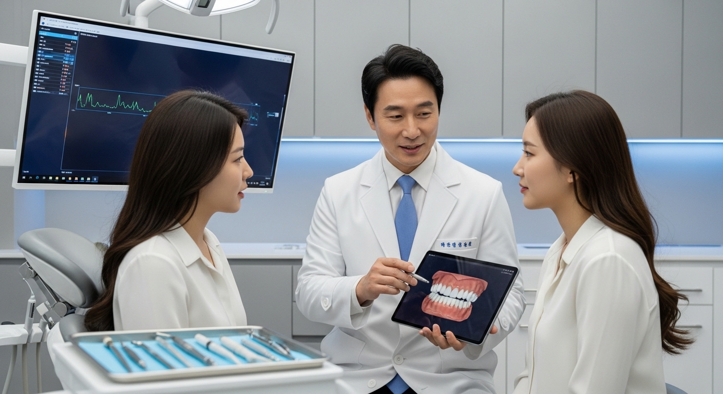 최첨단 진료 환경에서 환자와 상담 중인 경험 많은 한국 치과 의사의 모습