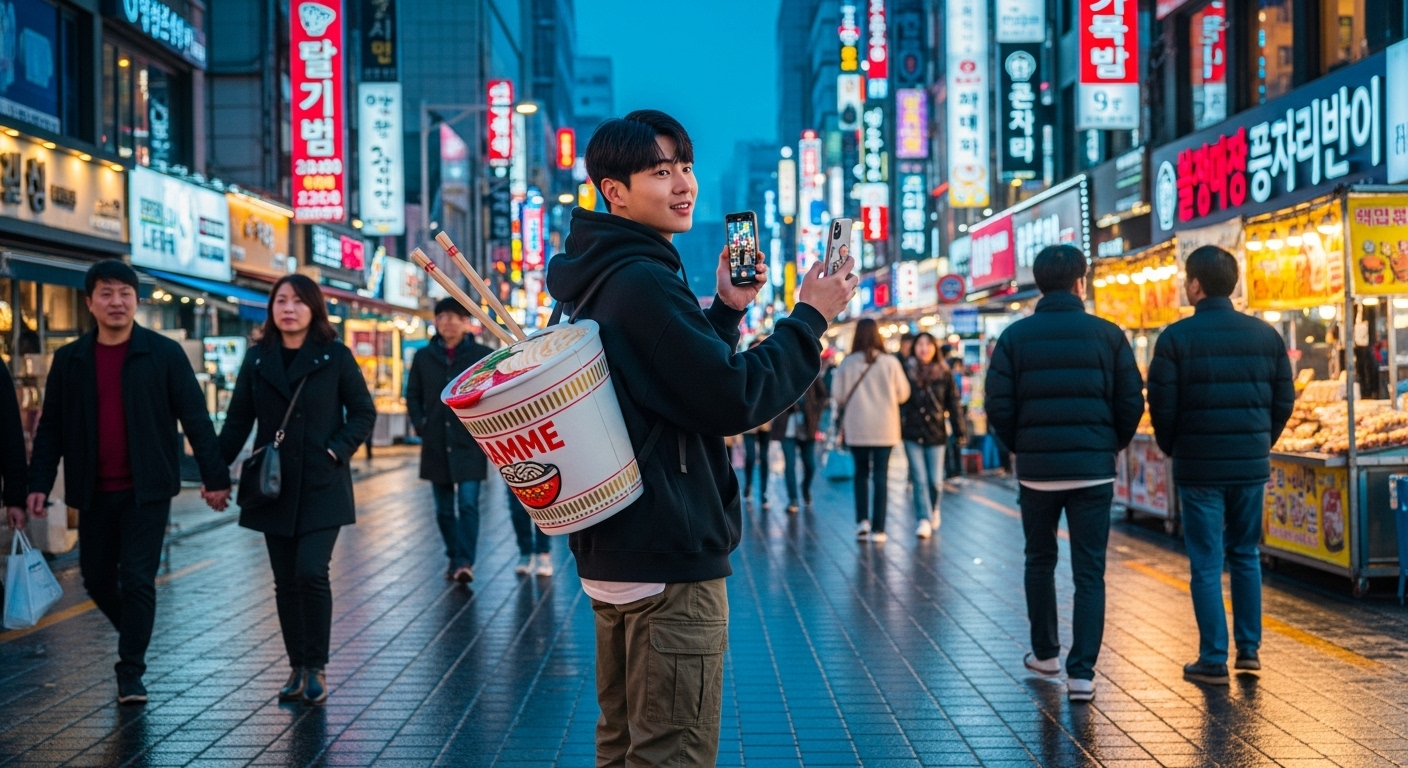 도시 거리에서 라면 백팩을 메고 사진을 찍는 젊은이들의 활기찬 모습