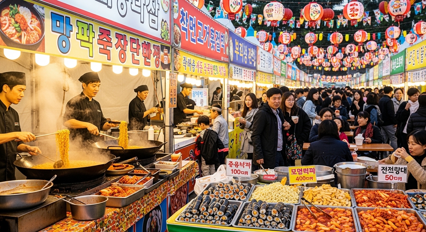 구미라면축제에서 갓 튀긴 라면 부스를 둘러싼 사람들의 활기찬 분위기