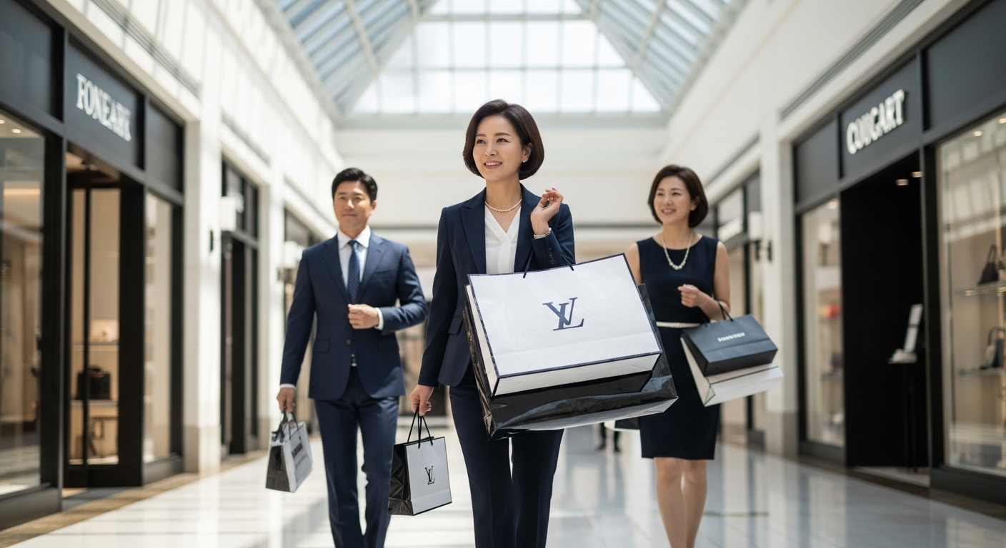 고급 쇼핑몰에서 브랜드 쇼핑백을 들고 있는 중년 직장인들