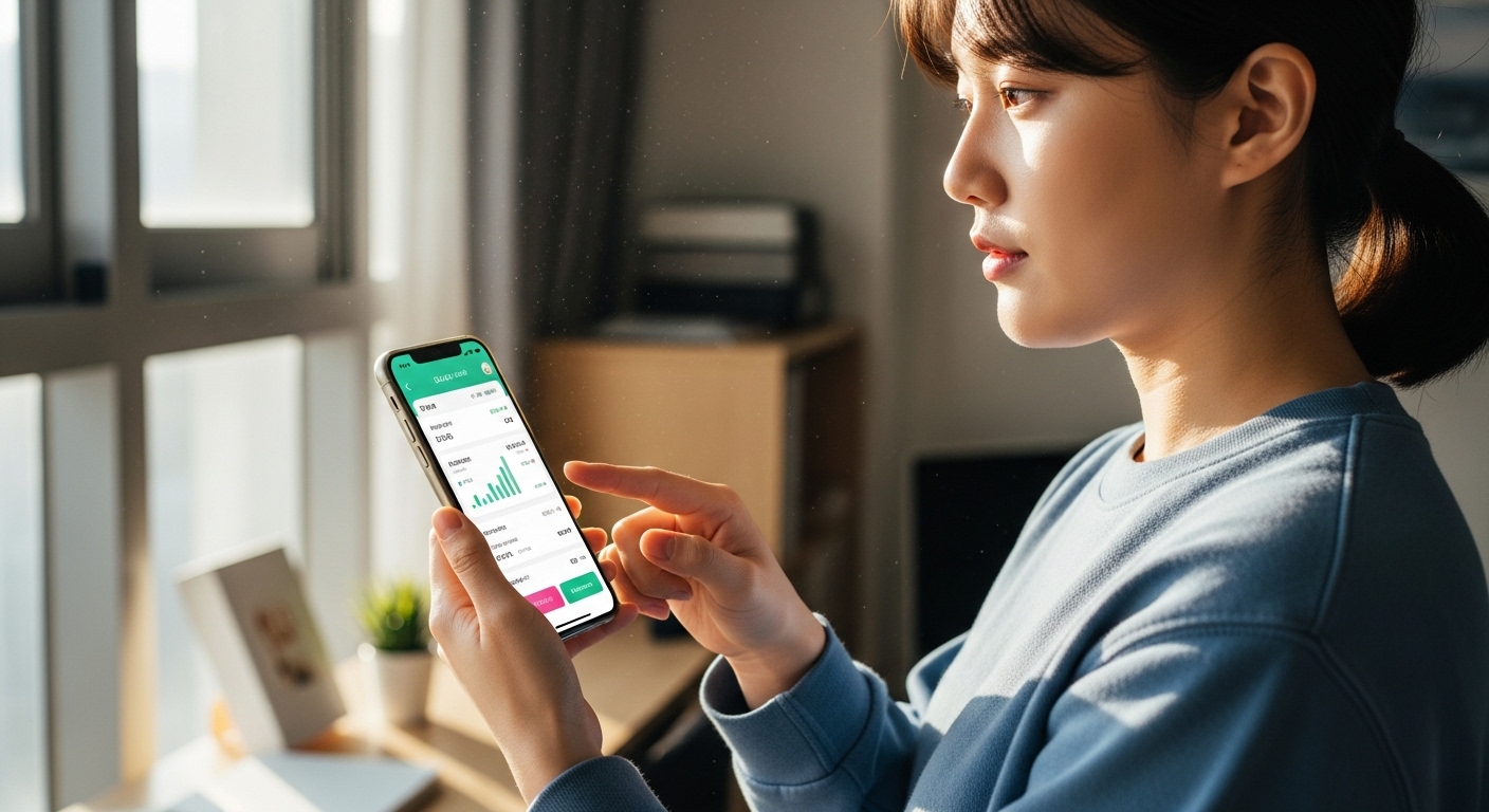 아침 햇살 속에서 금융 앱에 접속하여 매일 출석체크를 하는 학생의 모습