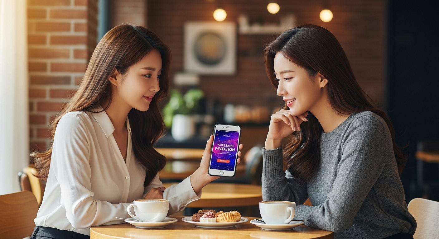 카페에서 스마트폰으로 초대 링크를 공유하는 두 친구의 모습
