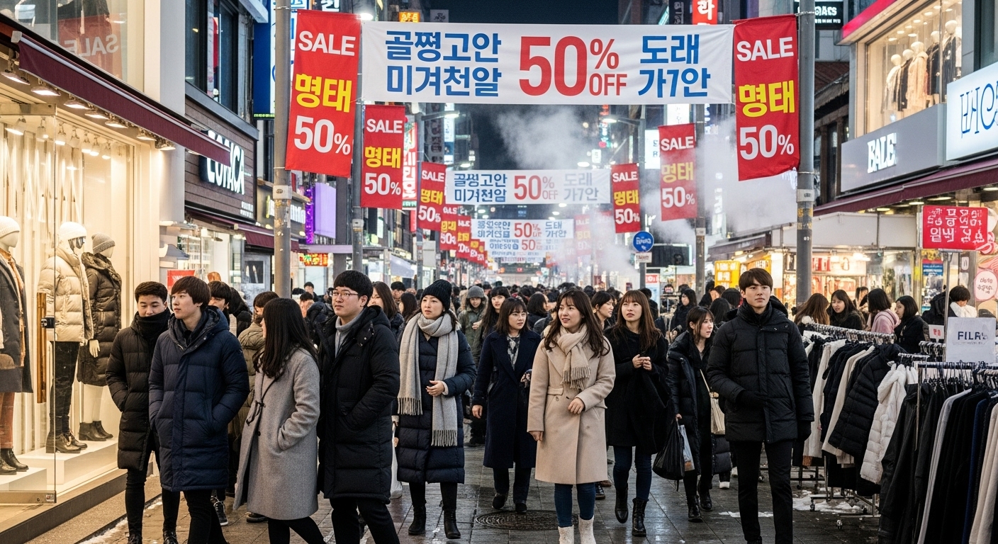 겨울 패션 세일에 몰려든 사람들이 북적이는 쇼핑 현장