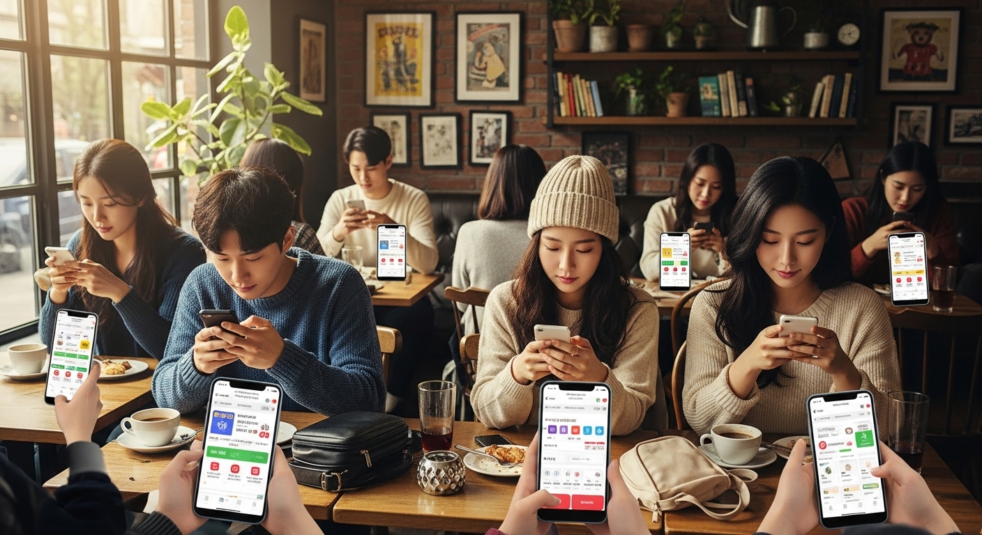 카페에서 스마트폰으로 할인 쿠폰을 모으는 사람들