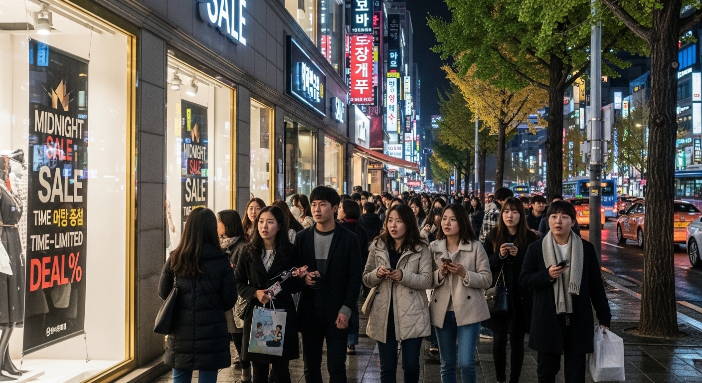 자정 세일을 기다리는 사람들이 있는 야경 도시 풍경