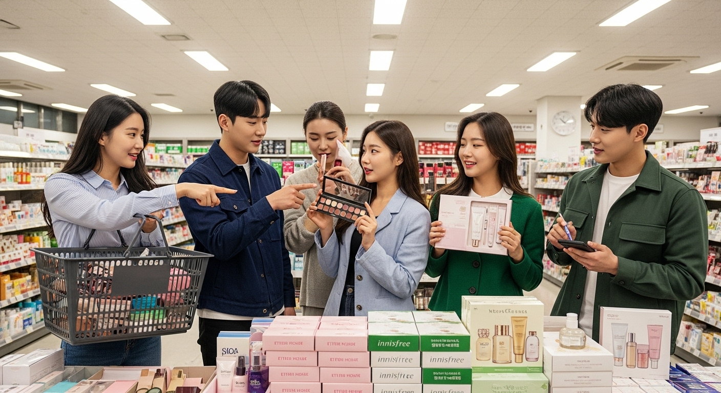 군부대 상점에서 친구들과 함께 대량 구매를 통해 할인을 받으려는 젊은이들의 활기찬 모습