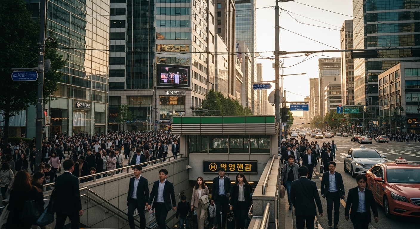 현대적이고 분주한 강남 거리와 사람들의 모습