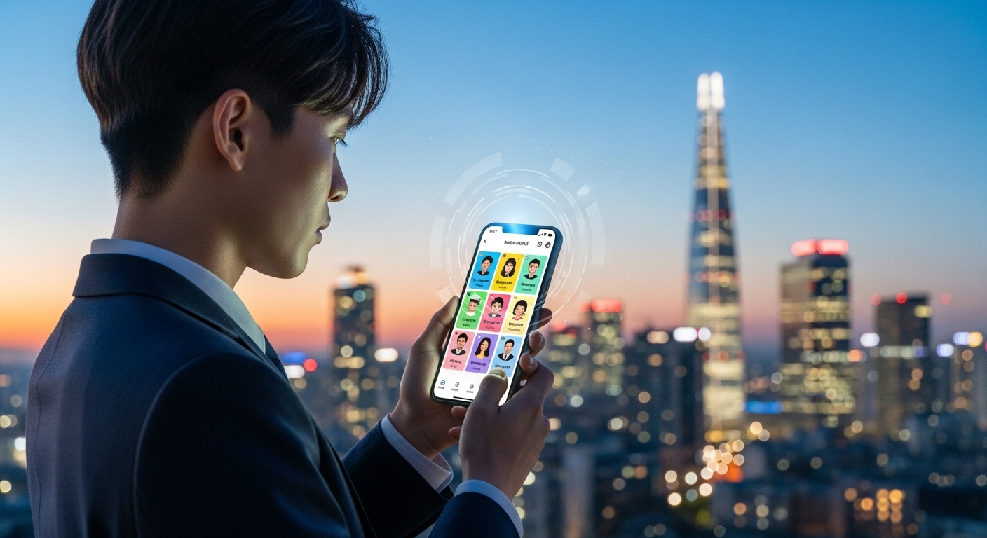 스마트폰 화면에 다양한 프로필을 띄운 젊은 직장인