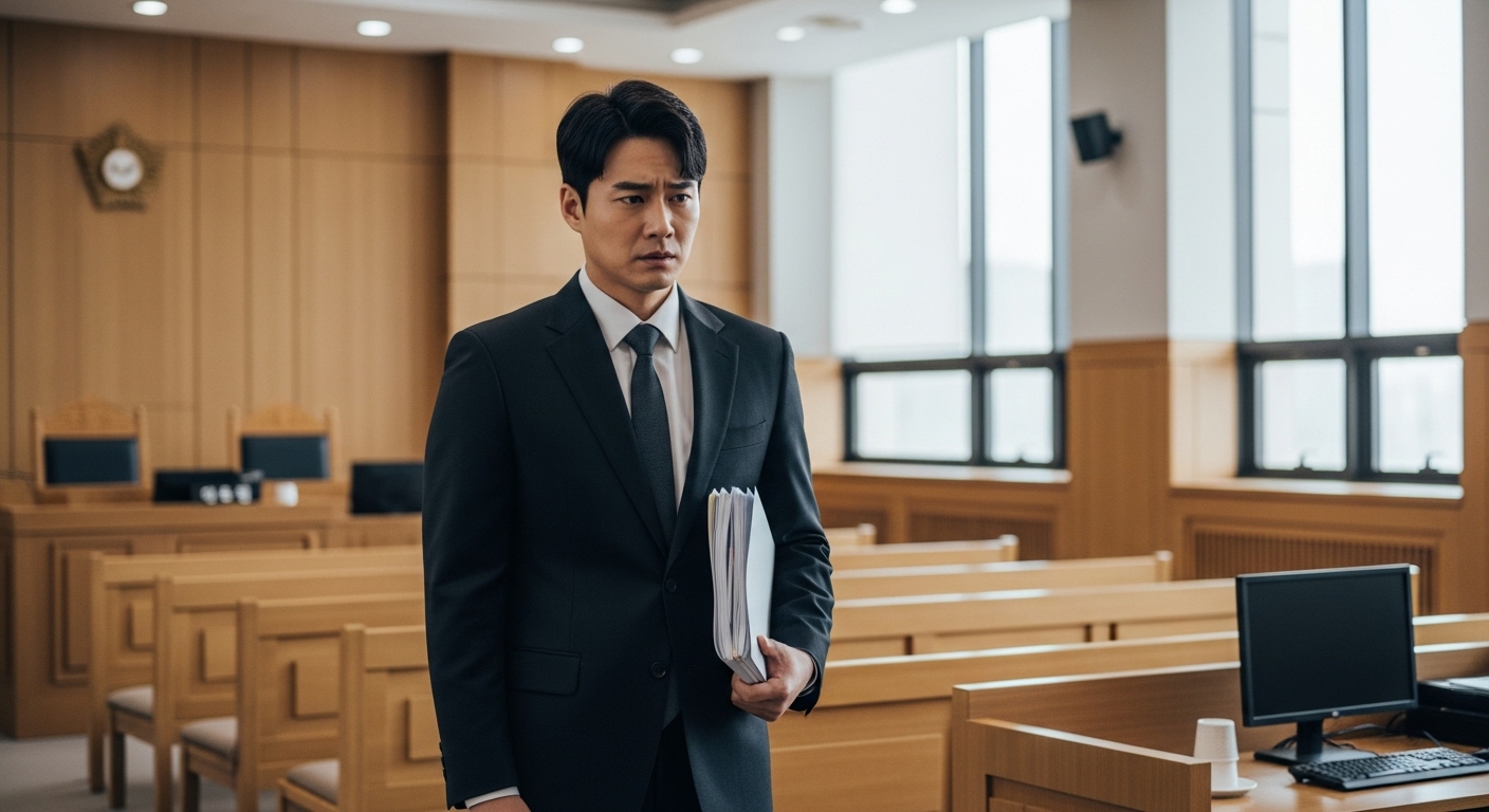 법정에서 정의와 가족 간 갈등을 겪는 한국 검사의 모습