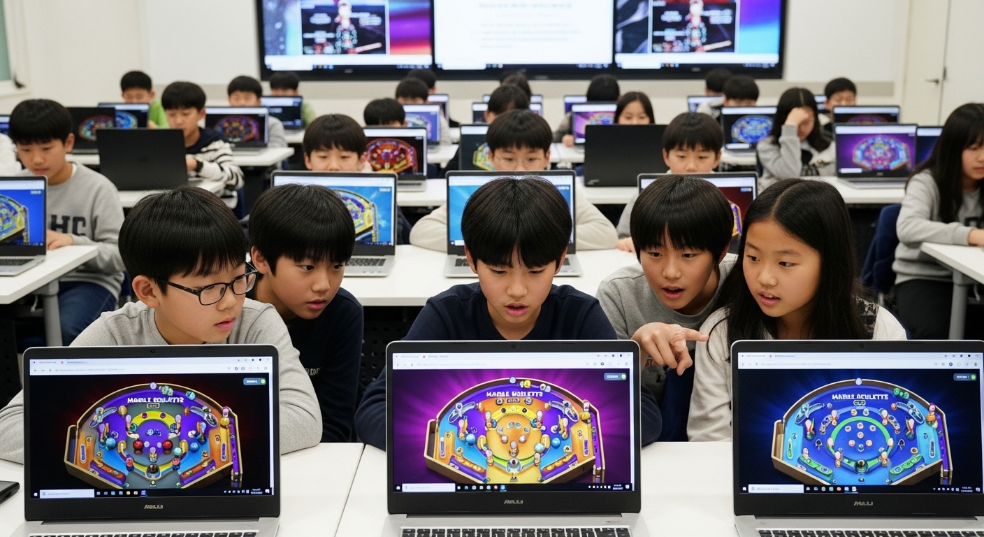 교실에서 학생들이 노트북으로 마블 룰렛을 탐색하며 흥미로운 표정을 짓는 장면