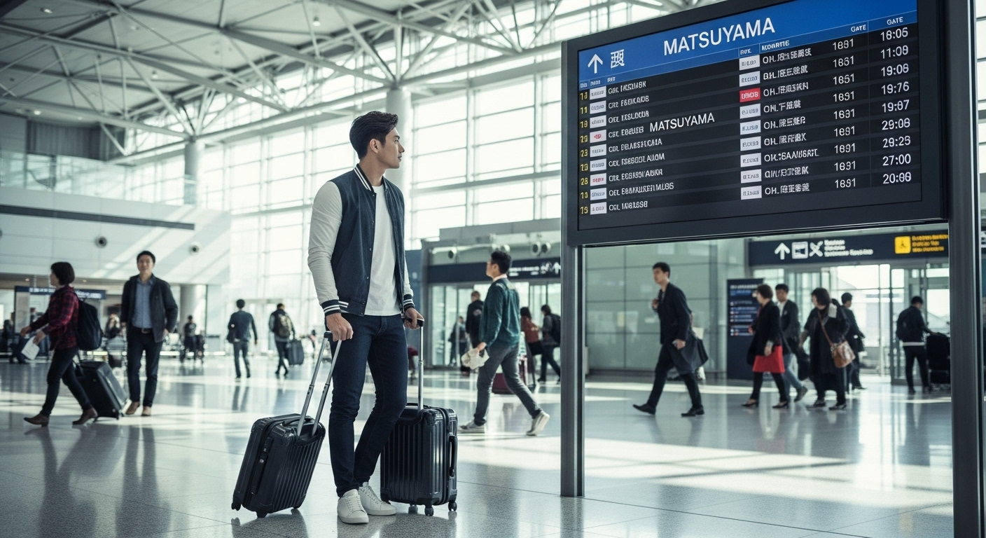 공항 터미널에서 마쓰야마행 비행기를 확인하는 여행객