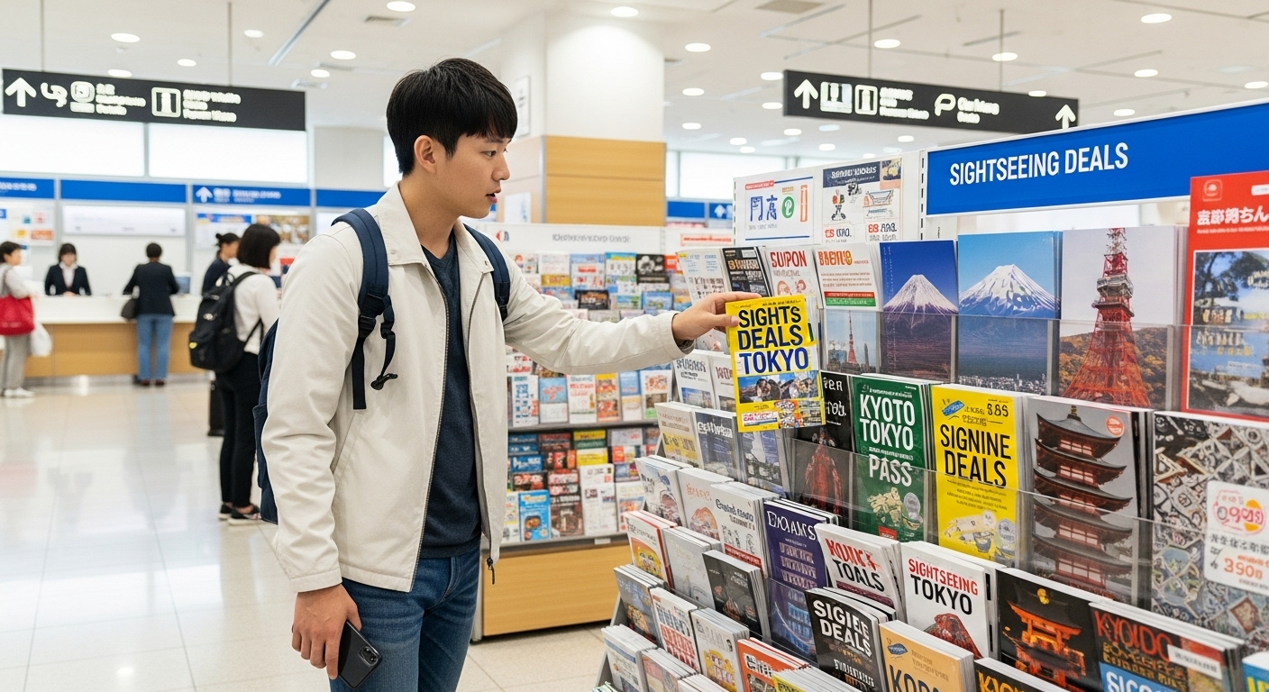 일본 공항 정보센터에서 쿠폰북을 챙기는 모습