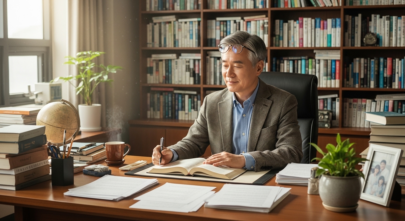 조용한 사무실에서 책과 서류에 둘러싸인 채 인생을 되돌아보는 남성 교수