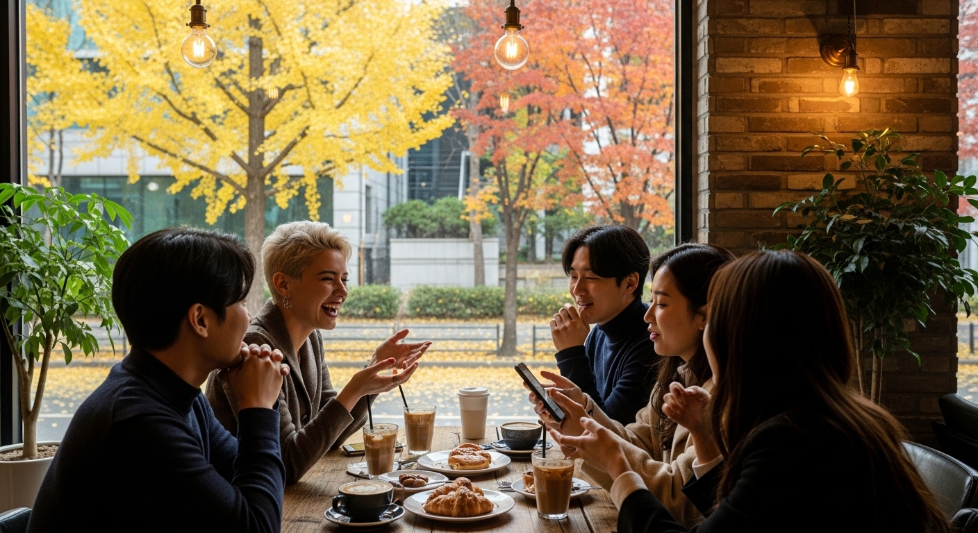 서울의 트렌디한 카페에서 다양한 청년들이 대화를 나누고 있는 모습