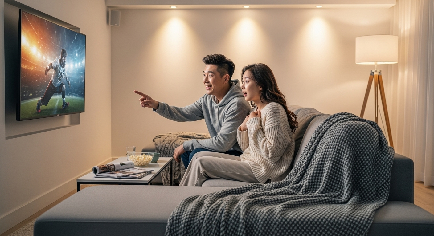 젊은 커플이 현대적인 거실에서 TV를 시청하며 설렘과 기대감을 느끼는 모습